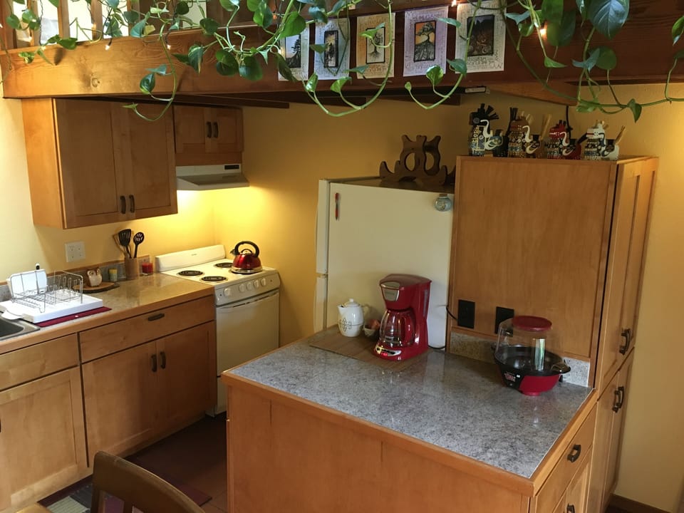 The full kitchen has extensive cupboard space, granite countertops, accessories.