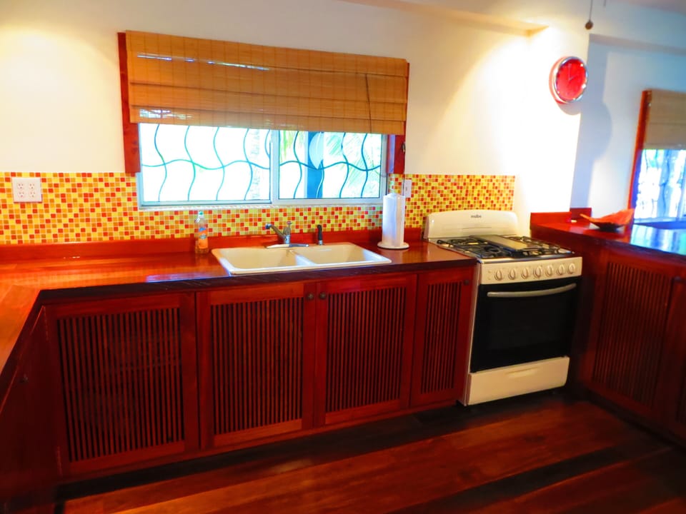 Kitchen with plenty of counter space and Belizean wood countertops 