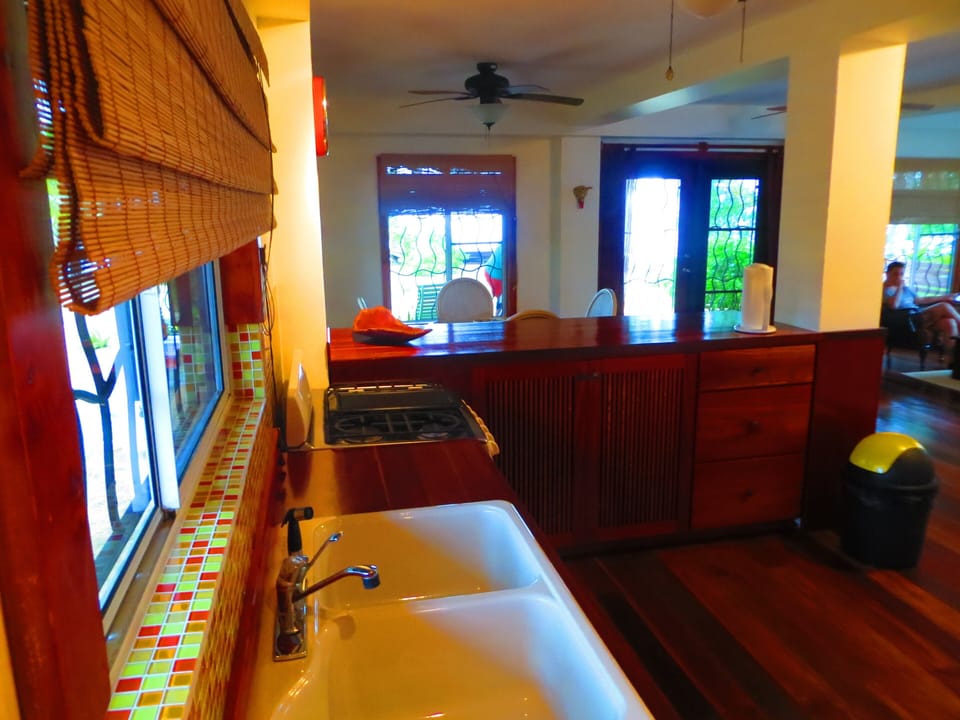 Kitchen open to a dining and living area