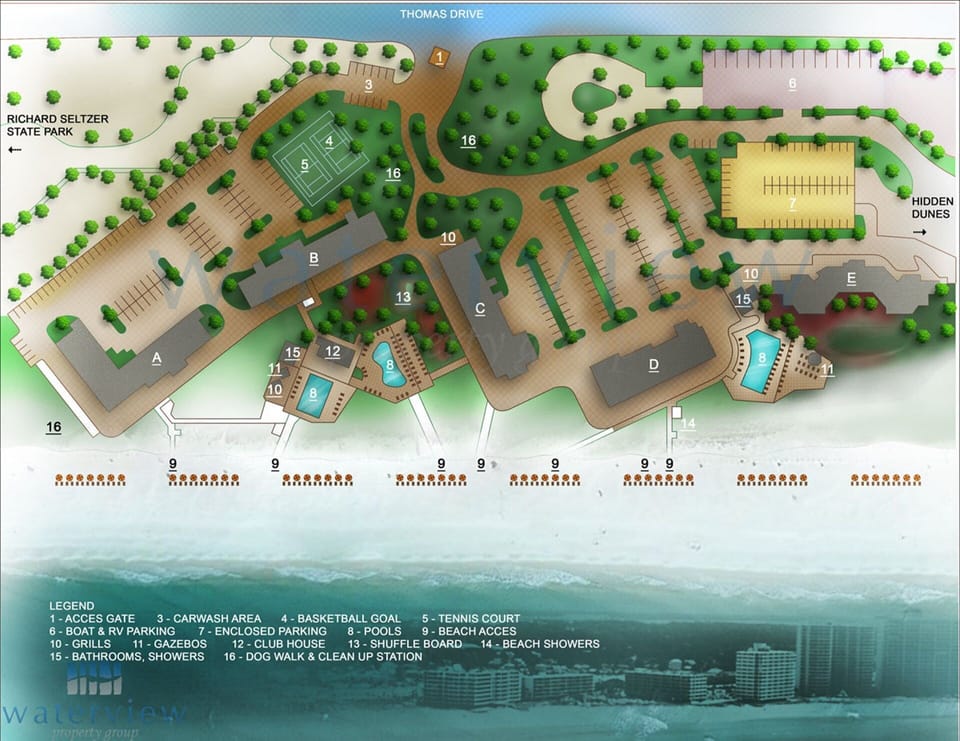Aerial view, your unit is in building D