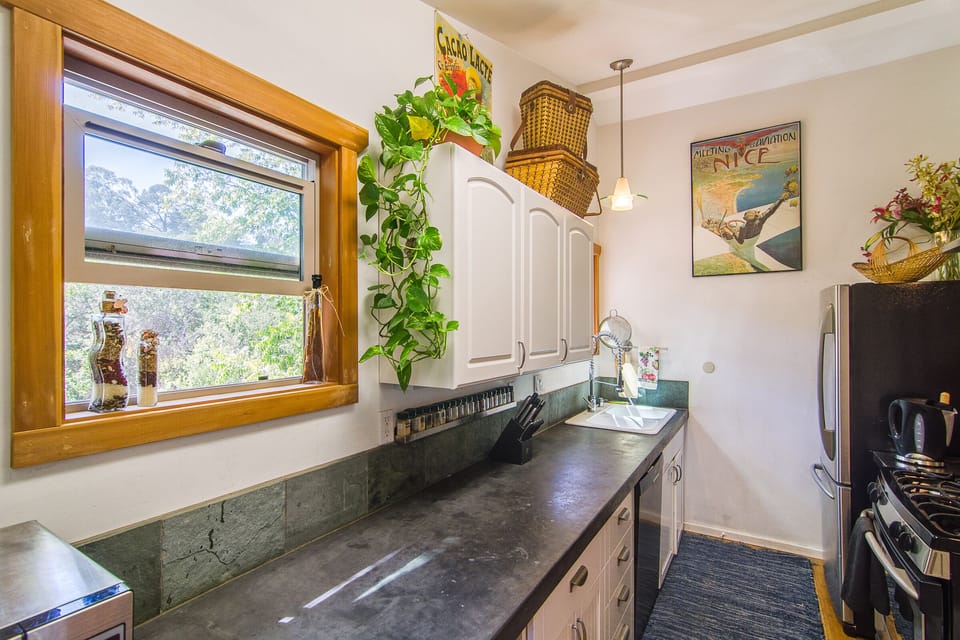 Modernity with pastoral accents.  Vintage artwork mitigates high tech kitchen.
