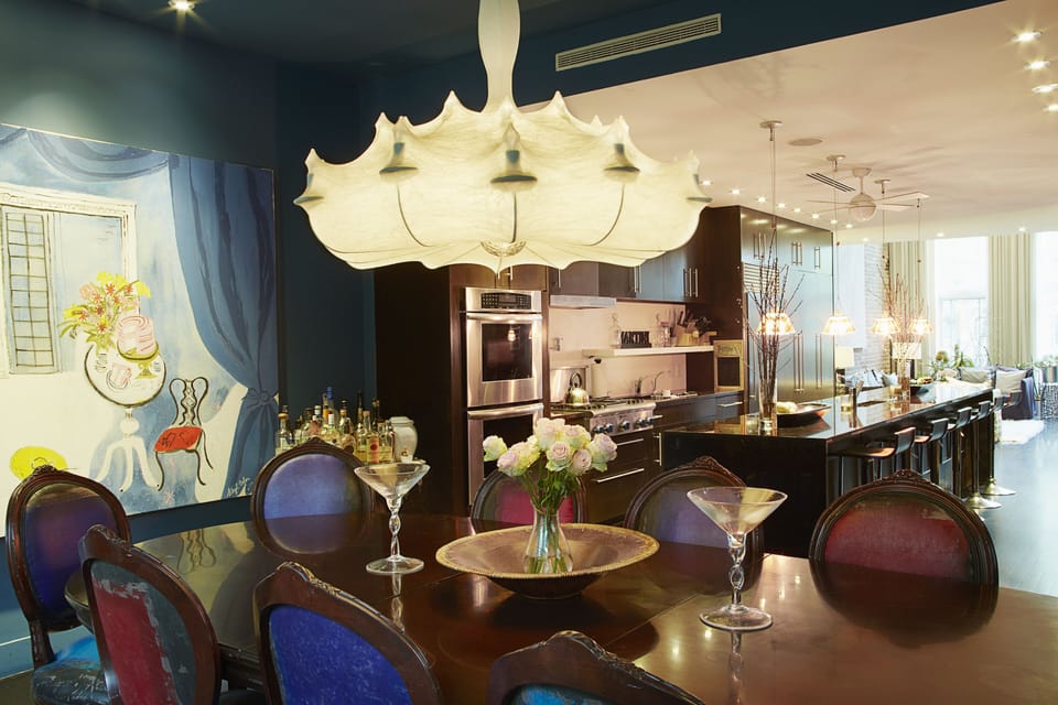 dinning room with chairs hand painted oil cloth by artisit Draga Obradovic
