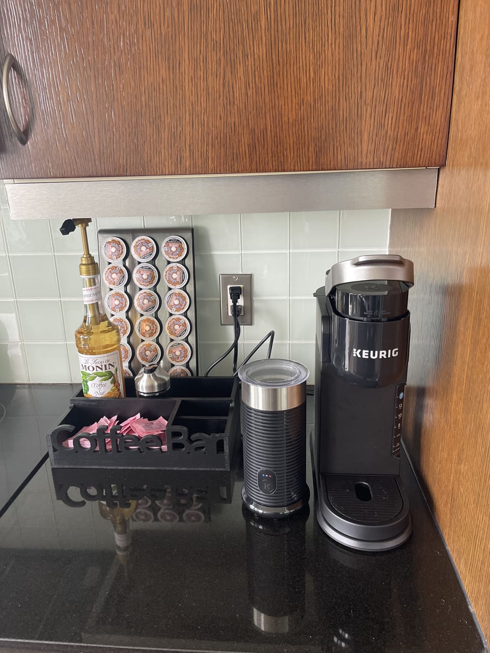 Coffee bar, kuerig with pods available, milk frother for your latte.