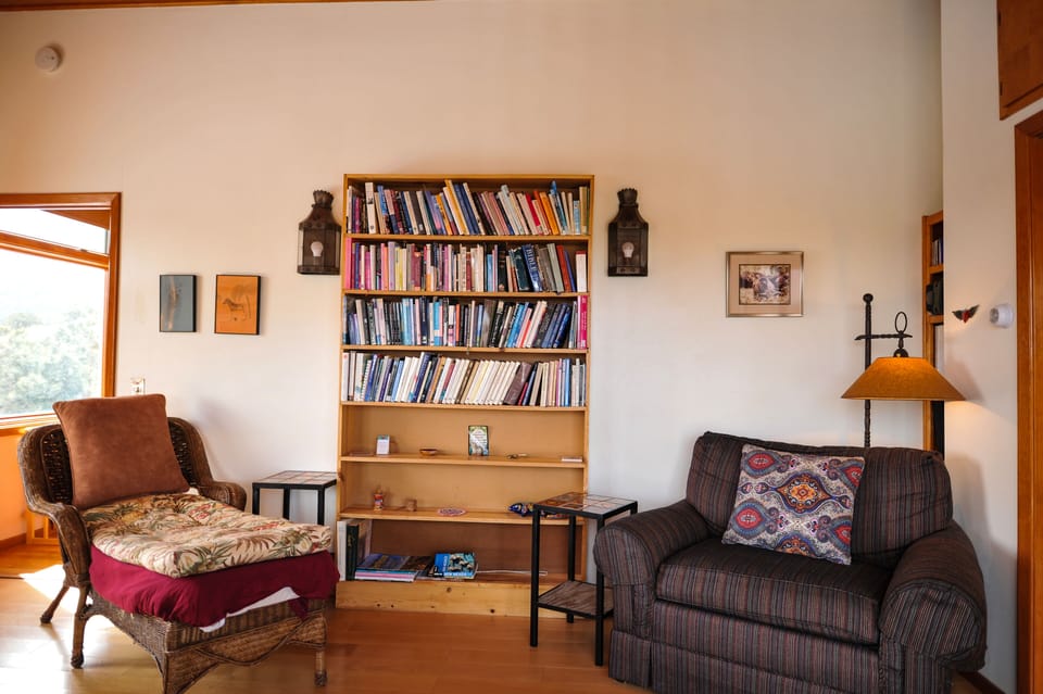sitting area and bookcase