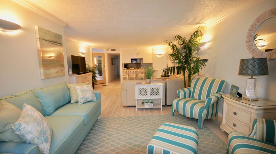 view of the living area in the evening