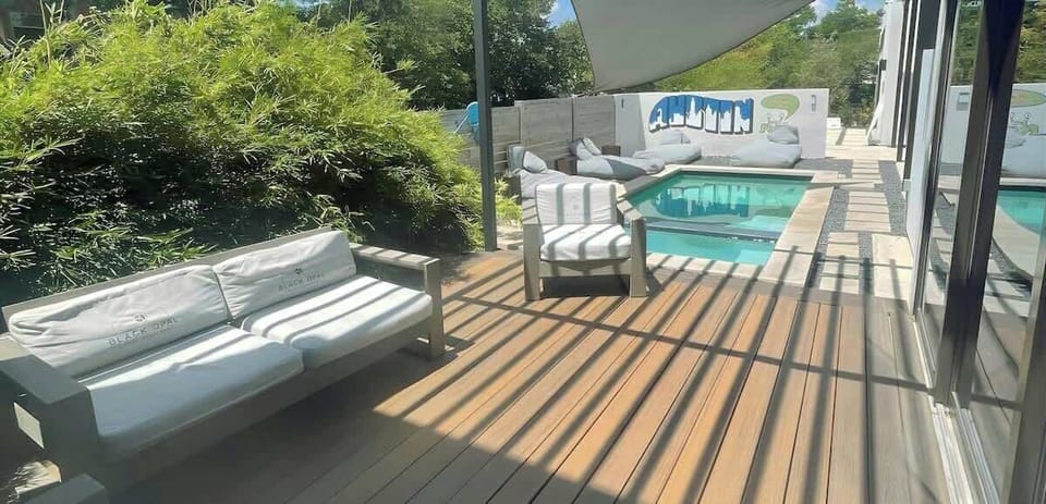 Private backyard space with pool and Large hot tub.