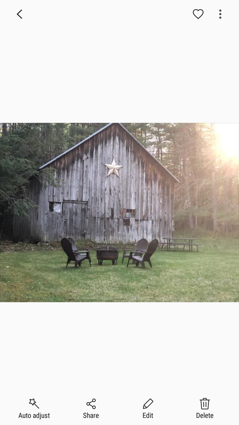 Post Beam Barn and a fire pit. 