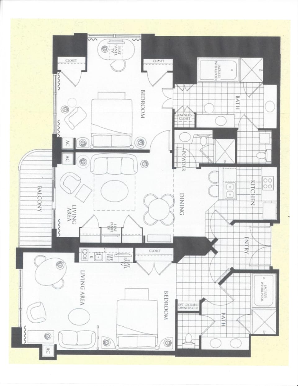 Floor plan for our 2 bedroom 3 bath Penthouse shared a common door outside. 