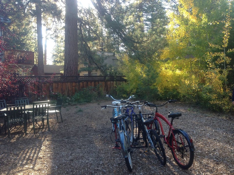 Charming Tahoe Cabin backyard with 4 adult bikes ready for your use!