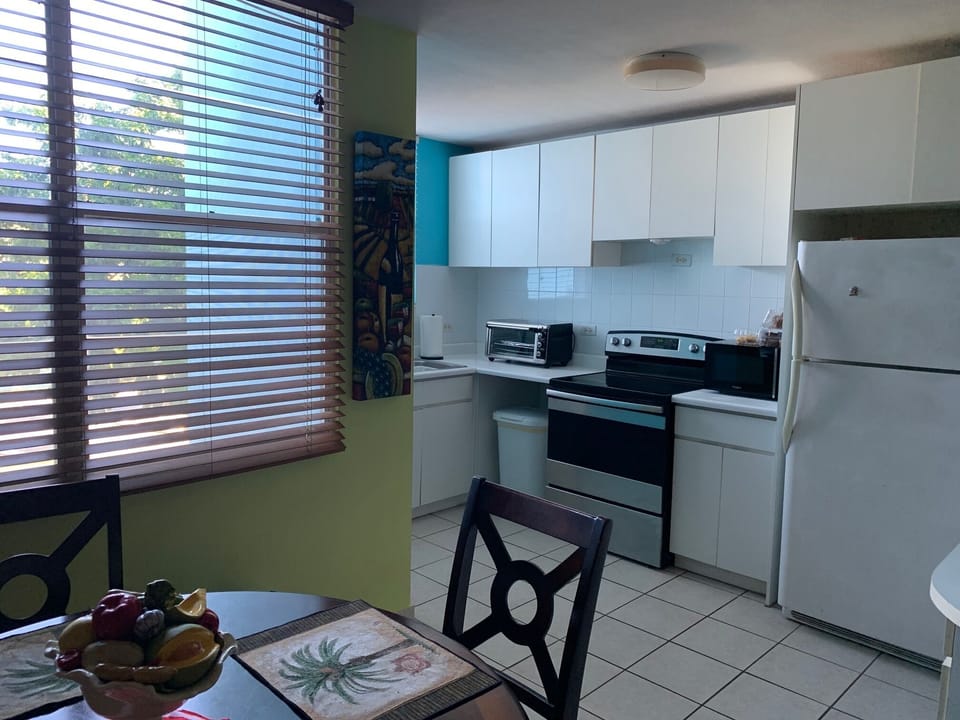 Kitchen with toaster oven, microwave, fridge, stove