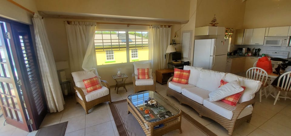 Living room, kitchen in background
