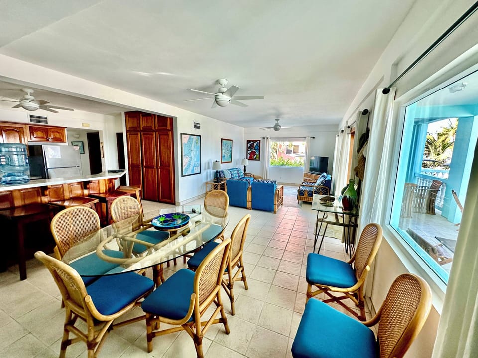 Dining & living area; double doors to porch on right