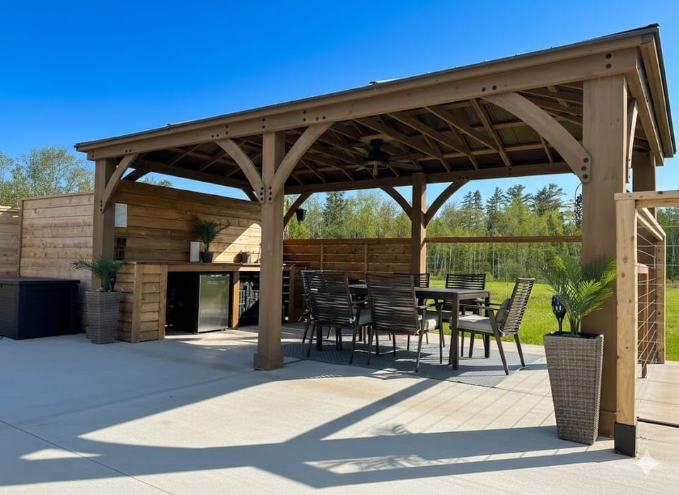 Gazebo w/ seating, fridge, sink. The other side has o/d shower to rinse in/out