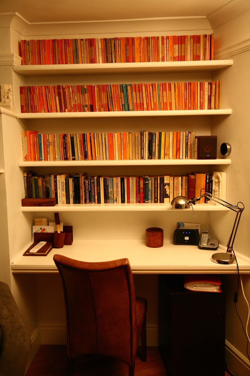 desk and bookshelves