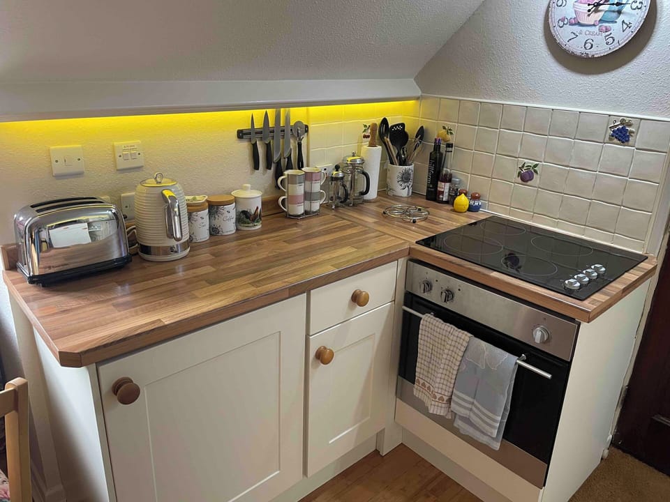 Fully equipped kitchen with electric hob, oven, fridge with freezer compartment