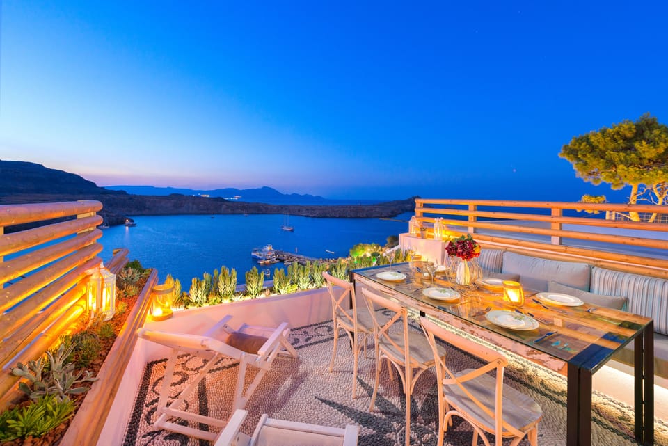 Panoramic sea view of Lindos main harbor from the roof terrace!!!