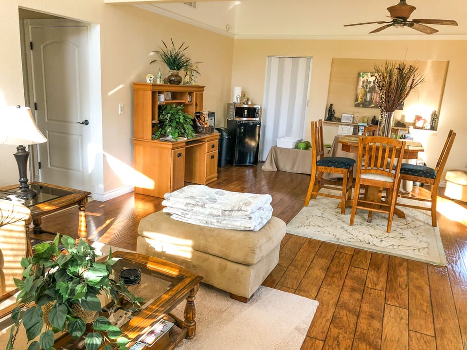 Living Room, Dining Area, Refrigerator, Microwave, Coffee, and Other Amenities