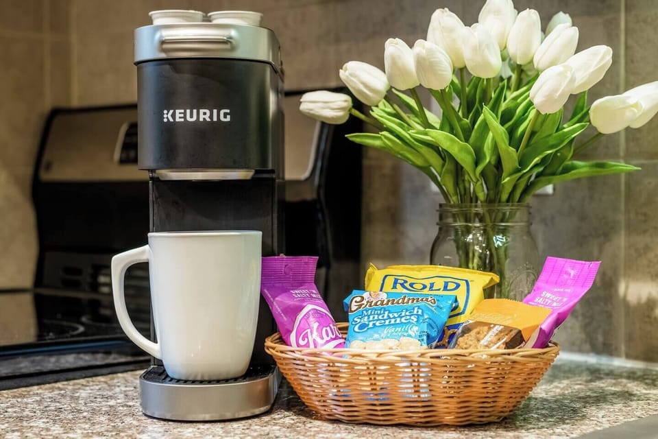 Enjoy complimentary K-cups, for your Keurig single cup coffee maker, to start your day. 