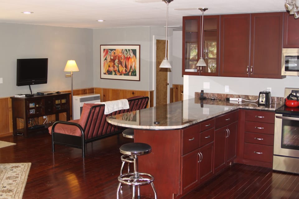 Granite counter and TV area in background.