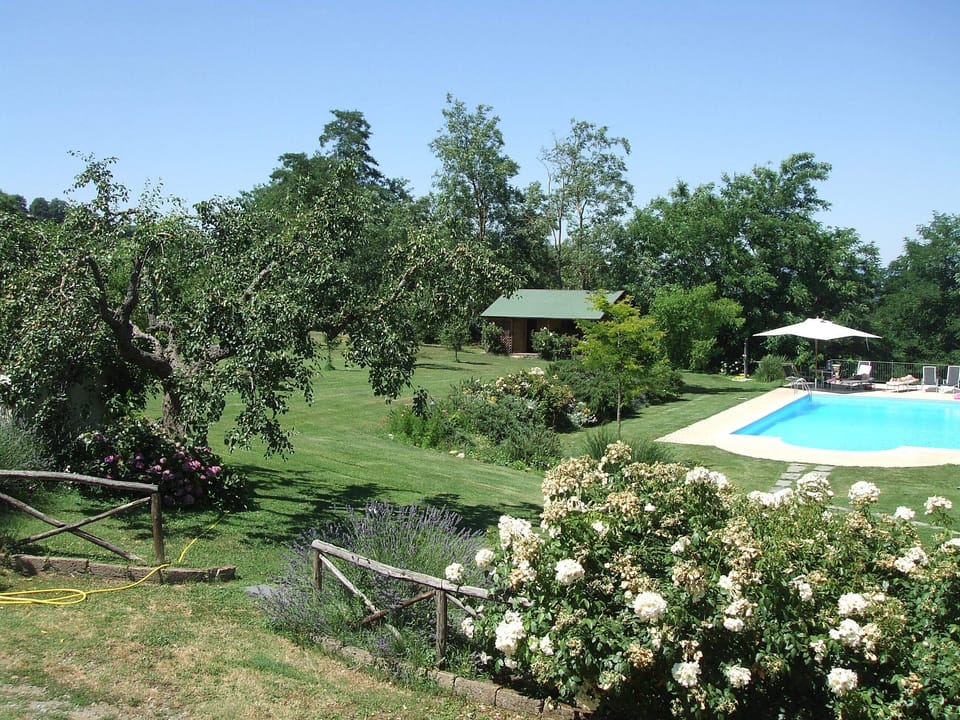 View of the swimming pool through trees and flowers