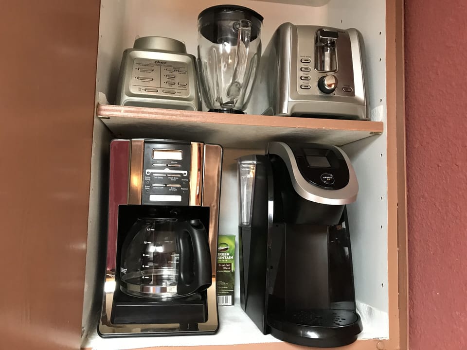 toaster, blender, regular coffee maker and Keurig
