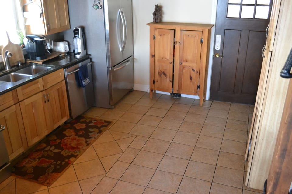 stainless fridge, Krupp's coffee maker