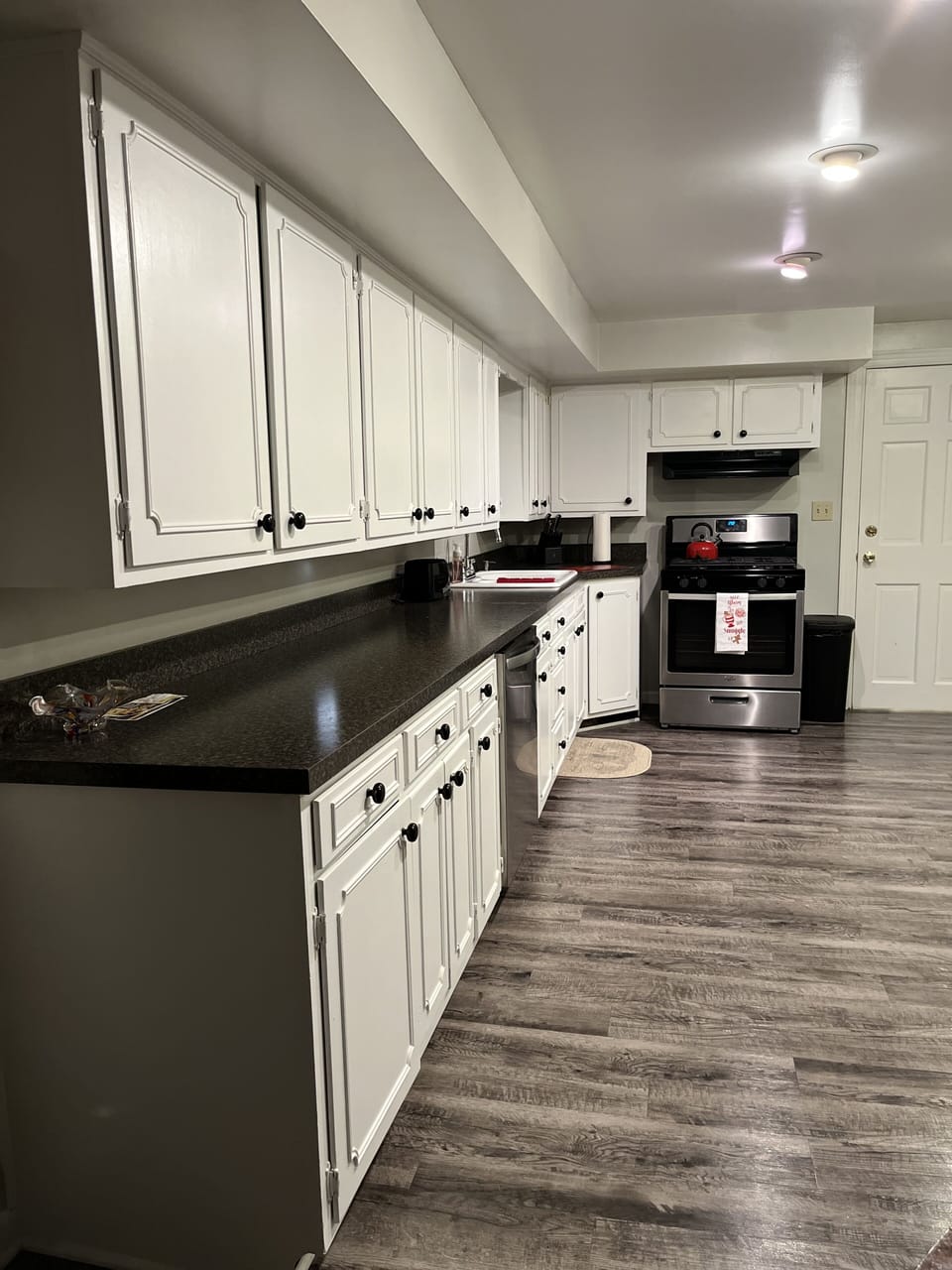 New dishwasher, stove, counter tops, & flooring.