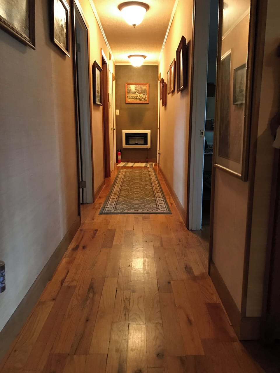 Hallway with access to bathroom and bedrooms; back rooms are owner stow lock