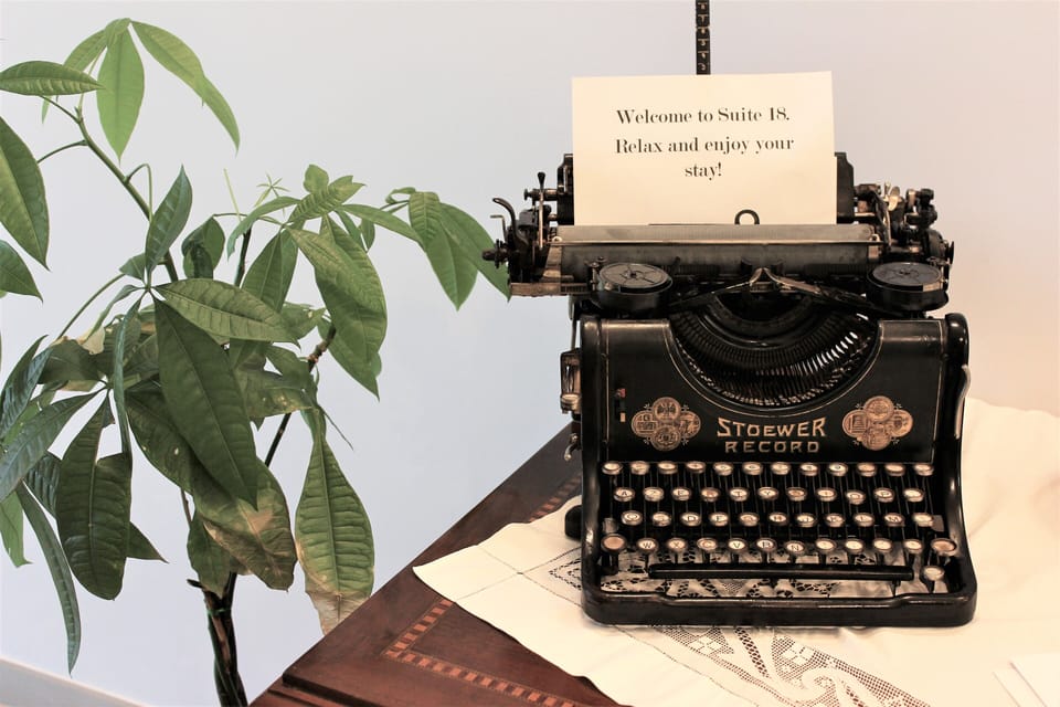 My grandfather's typewriter with a welcome message for my guests.