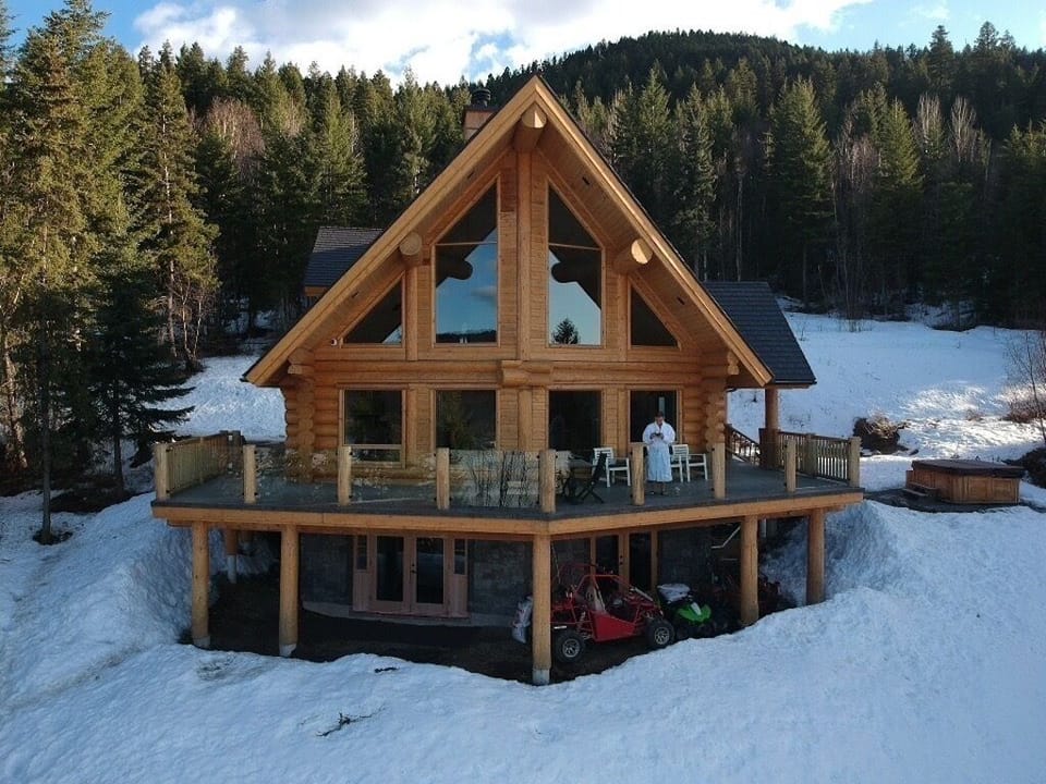 Log home plunked in a forest