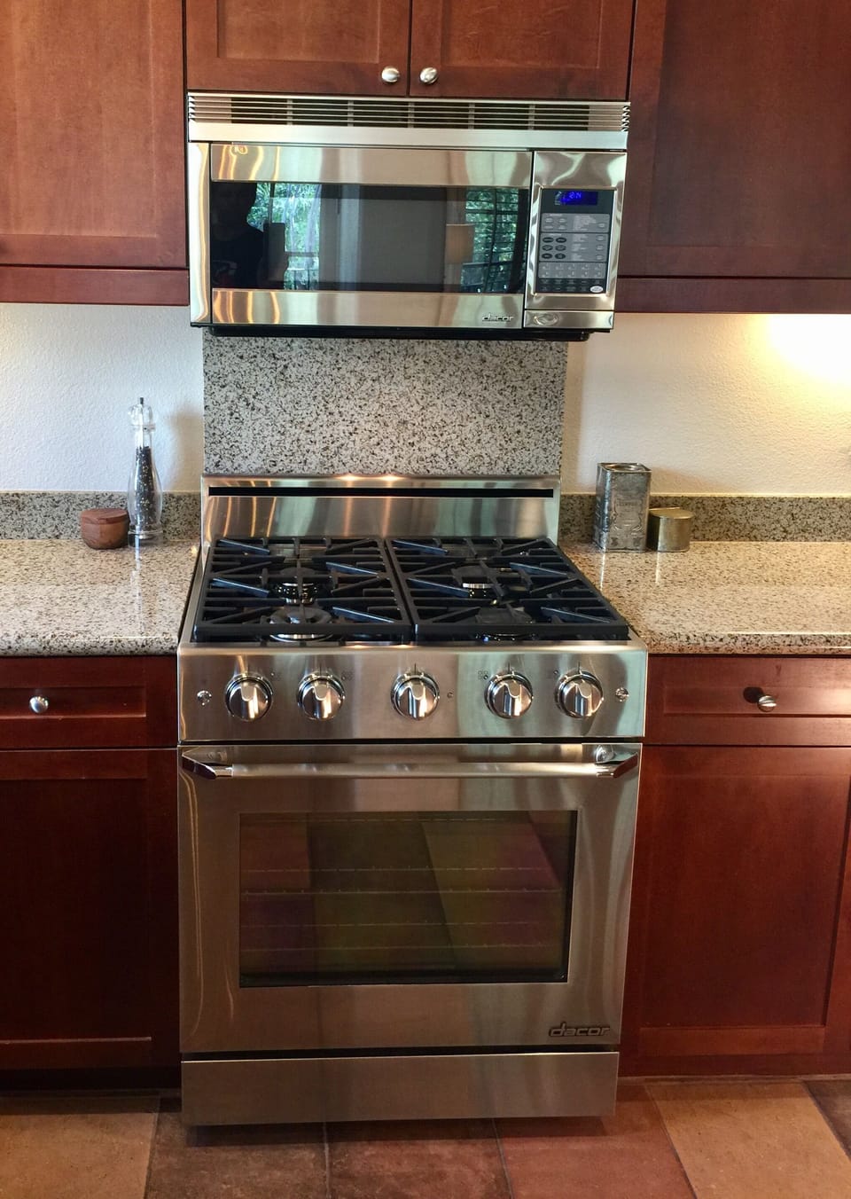 Professional Stainless Steel Dacor Gas Range and Dacor Convection Microwave Oven