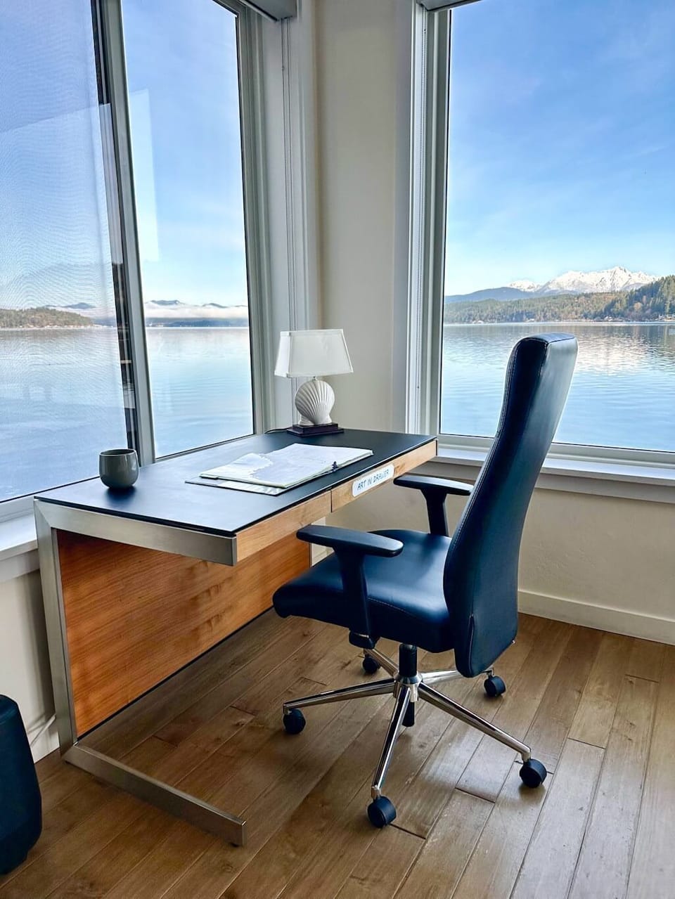 Work desk with comfy chair and lamp