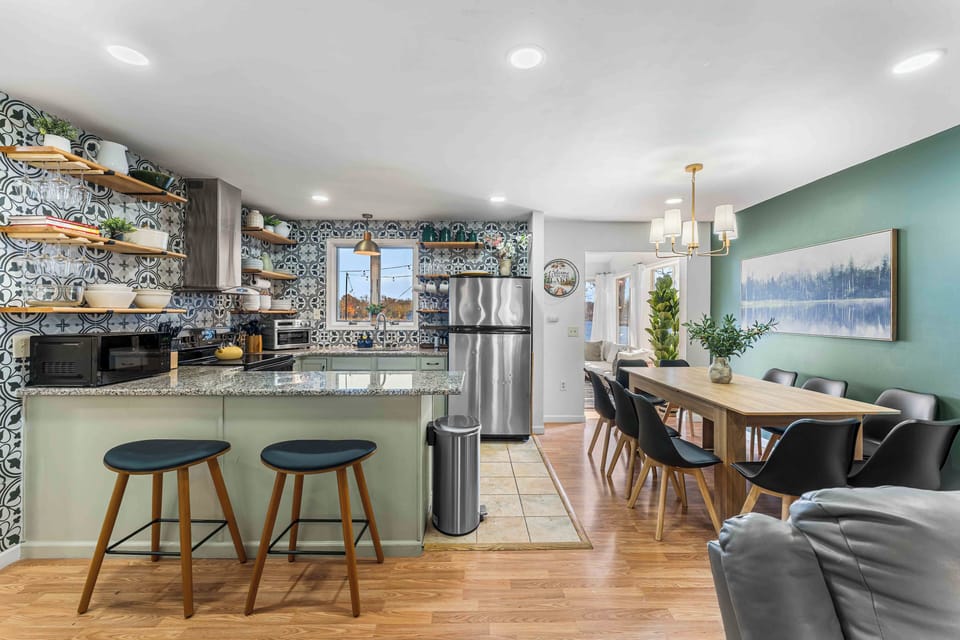 The full kitchen and dining room area
