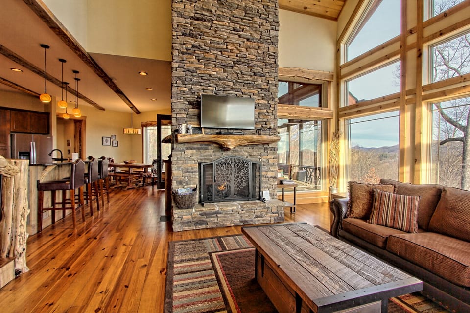 Rustic fireplace in great room