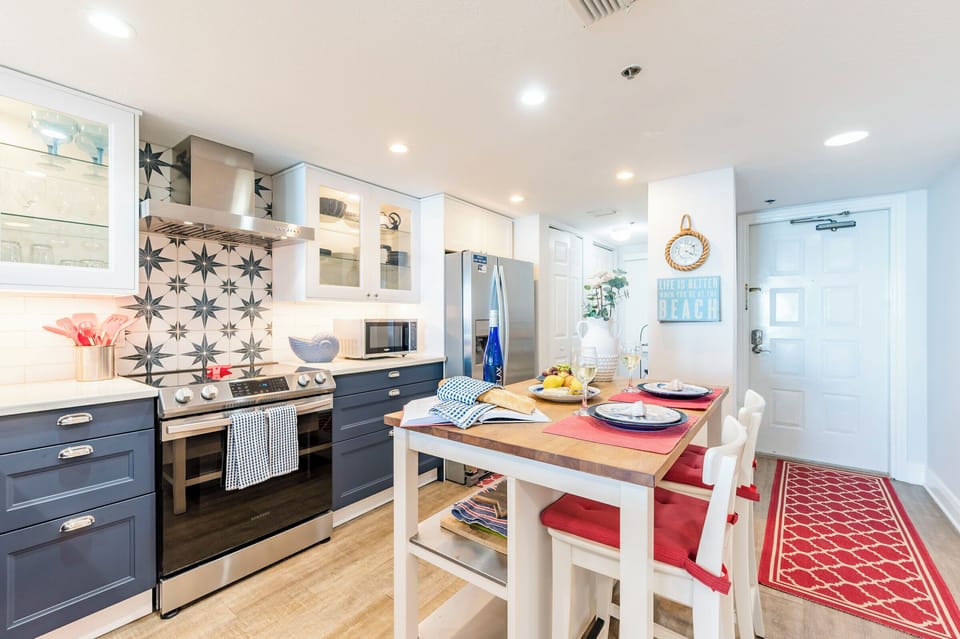 New remodeled kitchen with large island, cabinet lights and pull out drawers. 
