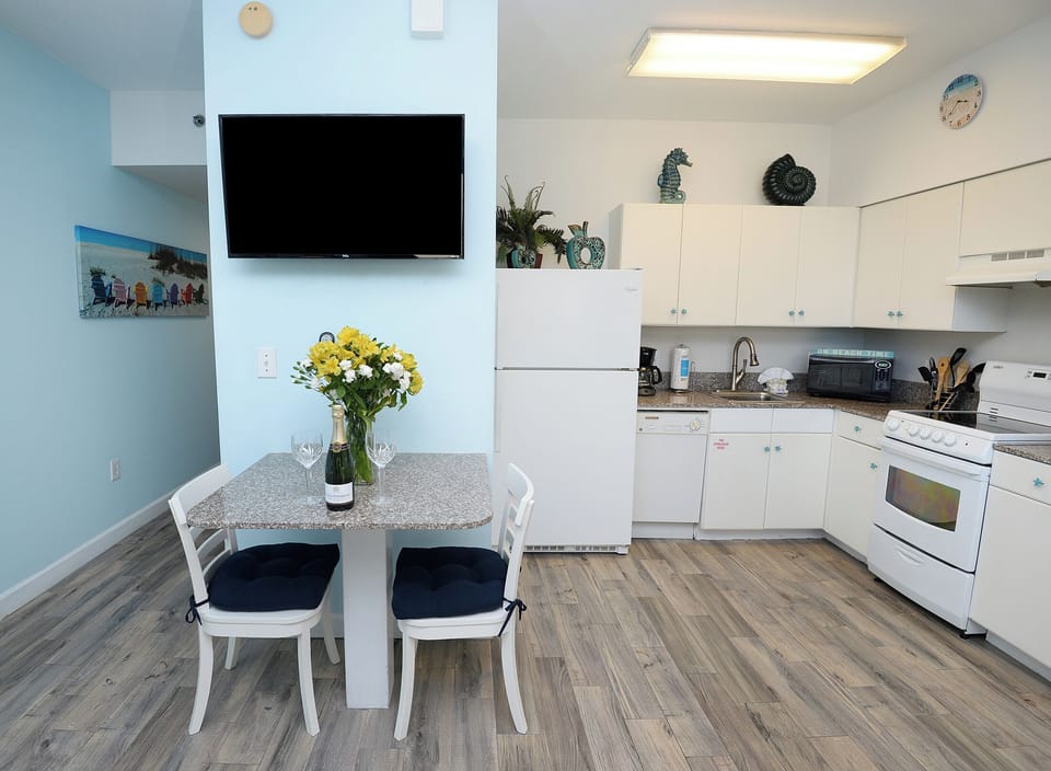 Kitchen table with seating for 2 
TV
Full Kitchen; Refrigerator, Dishwasher, Microwave, Stove, Standard Coffee pot