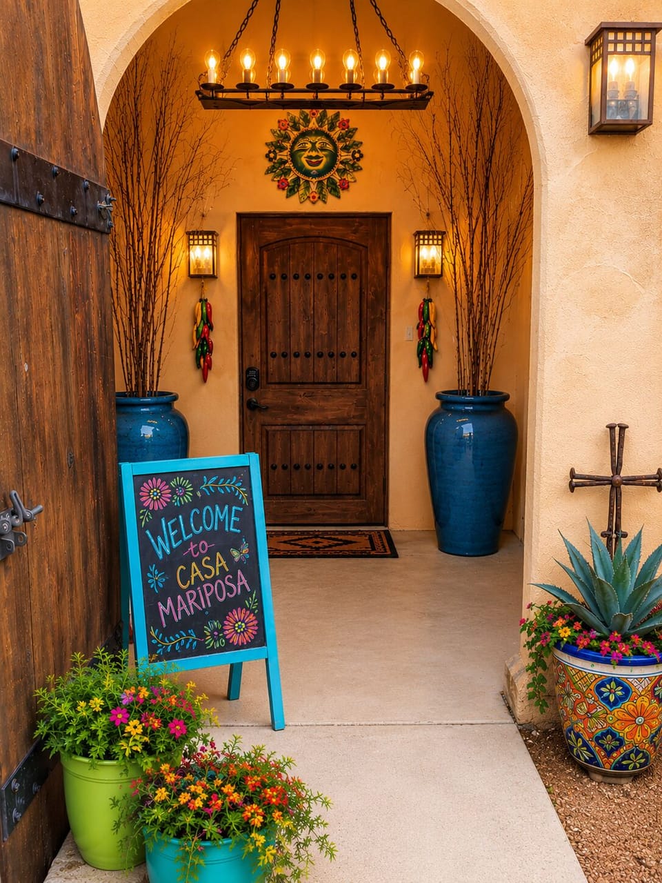 Your private entry with keyless entry. Well lit in evening.