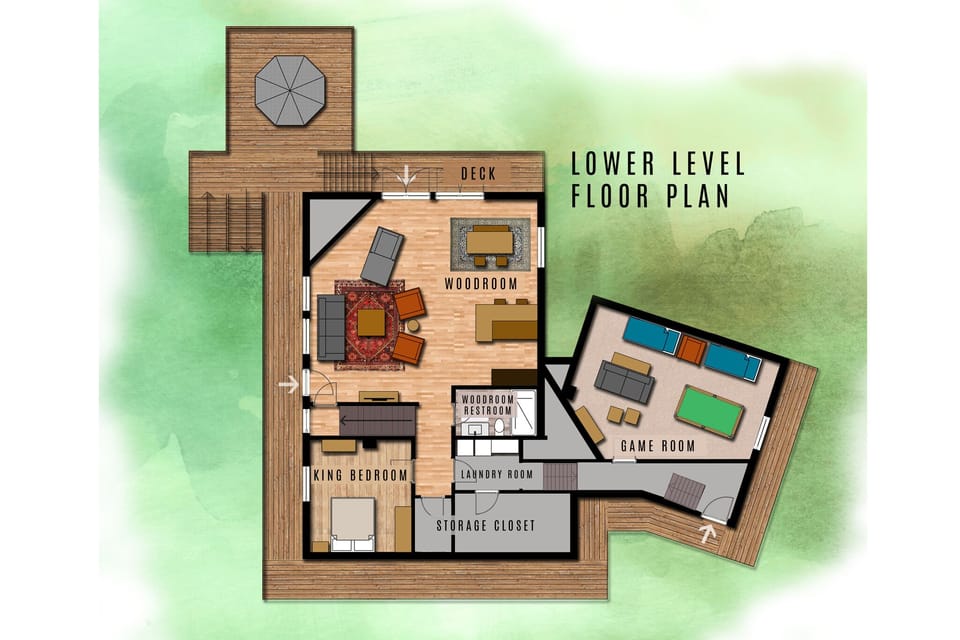 Lower Level - (Woodroom, Games, Master Bedroom, Bathroom, Laundry).
