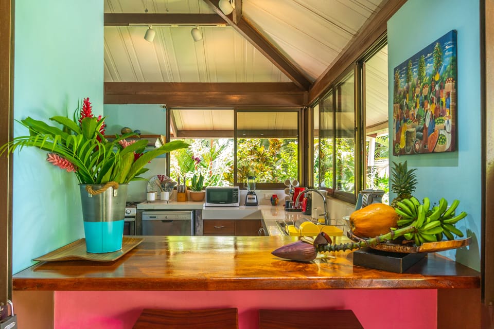 Villa Cacao. A view of the kitchen from the deck. 