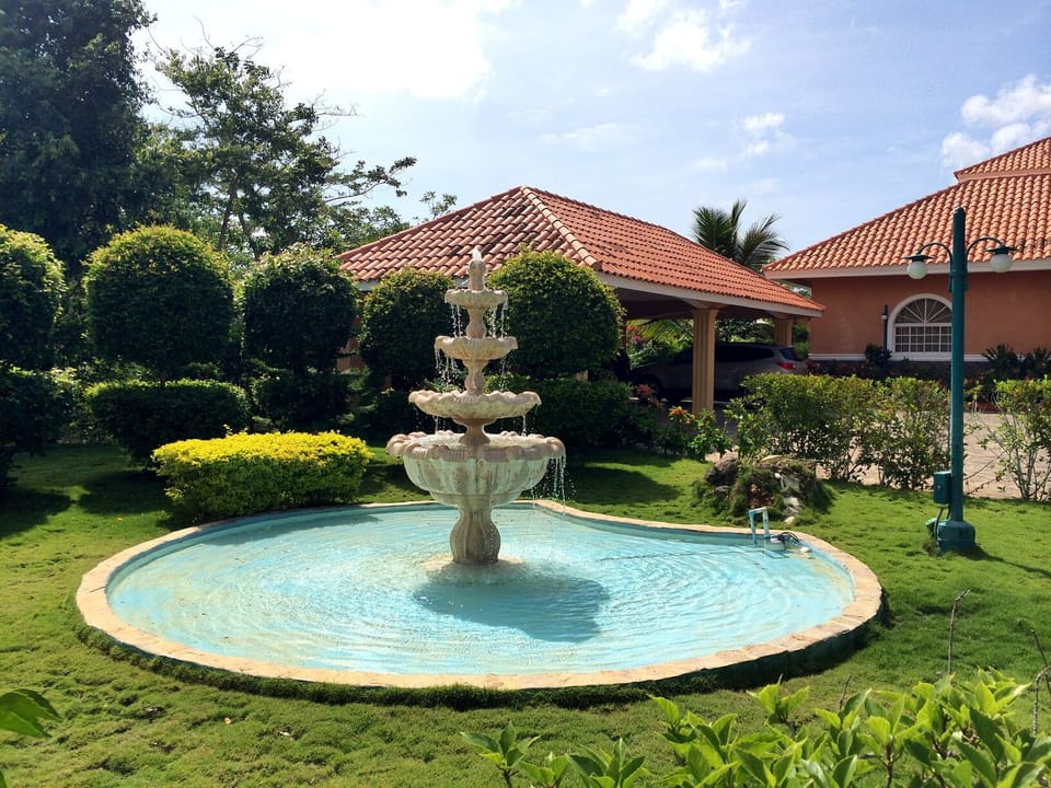 An elegant circluar drive featuring a water fountain leads you to the front door