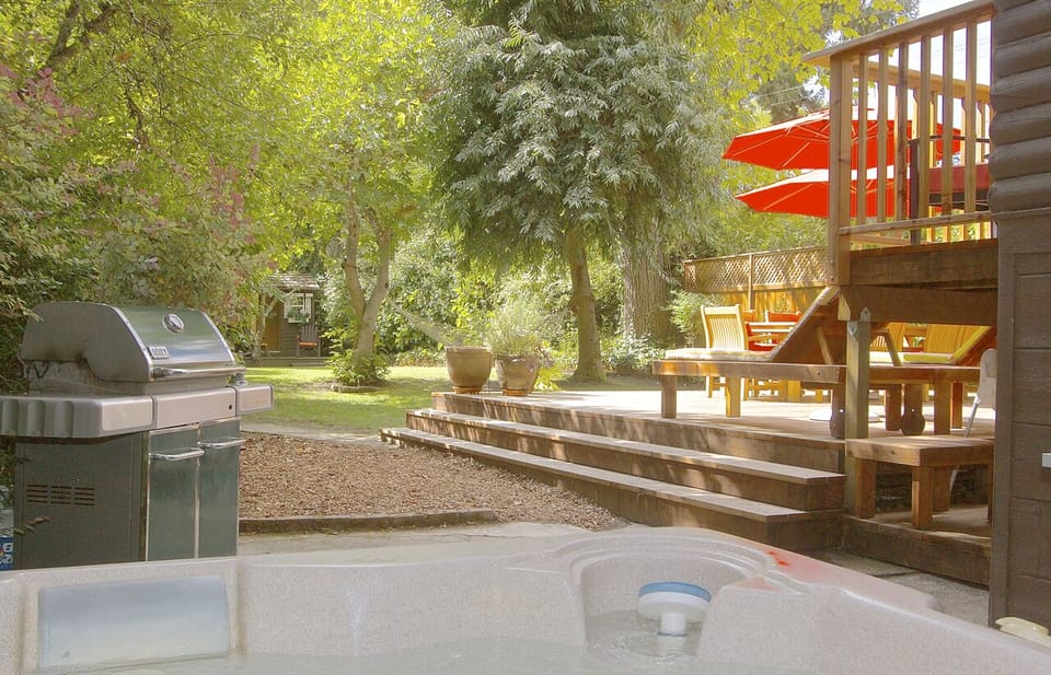 The view from the hot tub into the backyard.