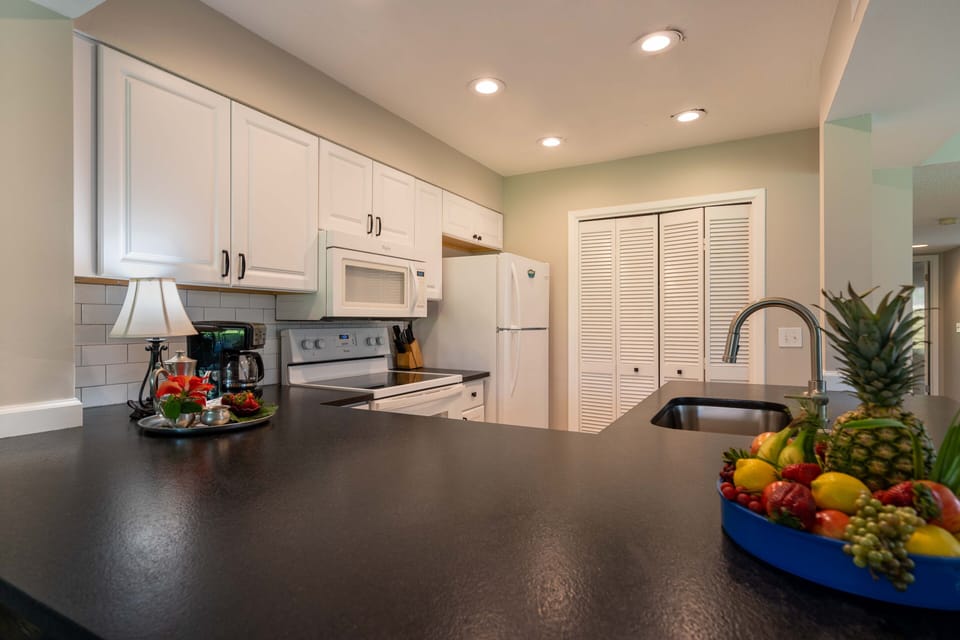 Fully equipped kitchen and wide granite countertops.