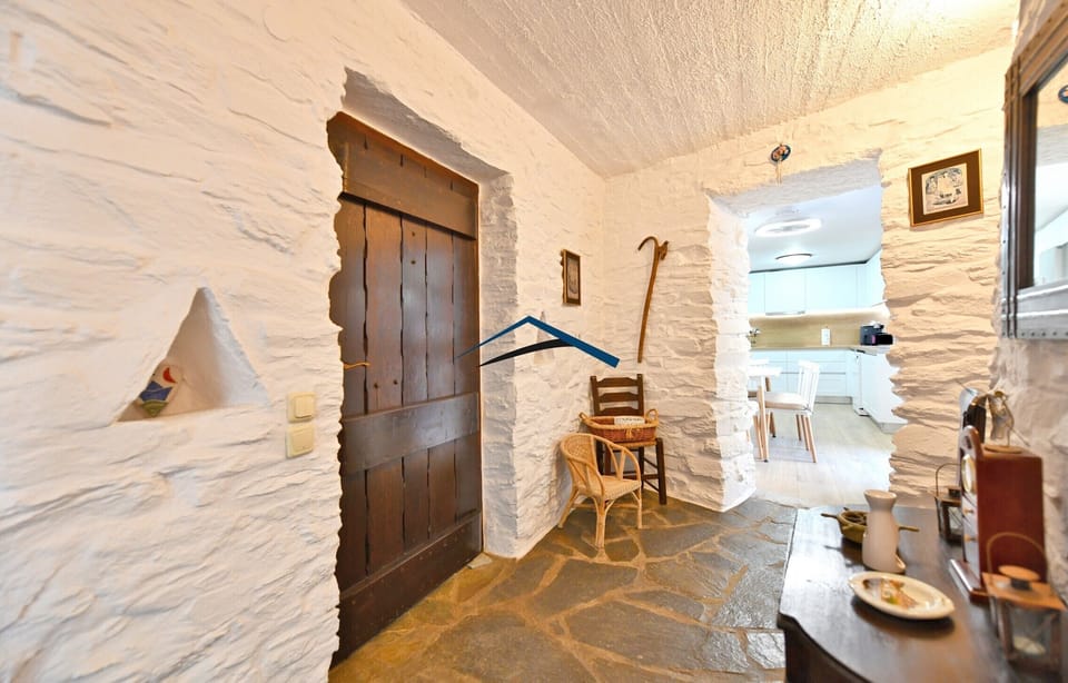 The main entrance and the kitchen in the background