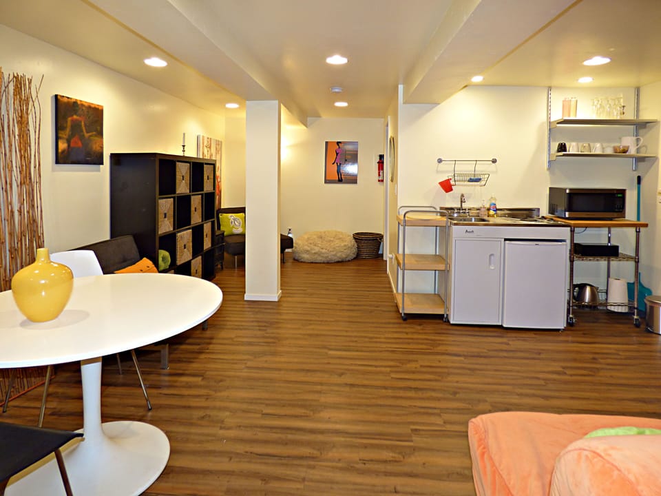 Lower level - living room with kitchenette, microwave and small refrigerator