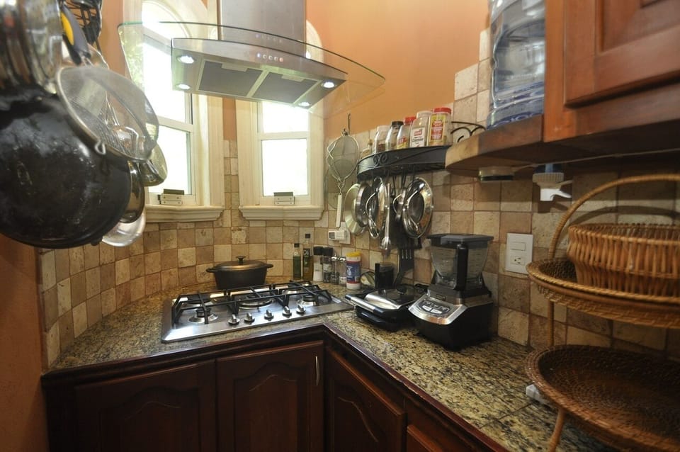 Professional gas cooking station with extractor. Pro appliances and cookware
