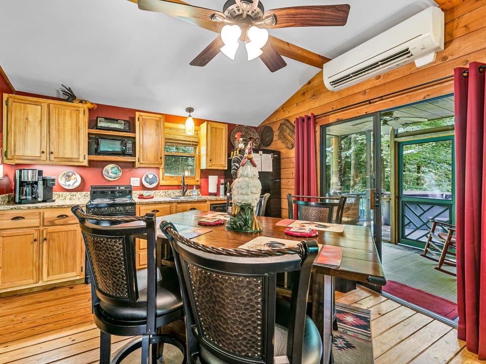Bar height dining table. Hope you like roosters!