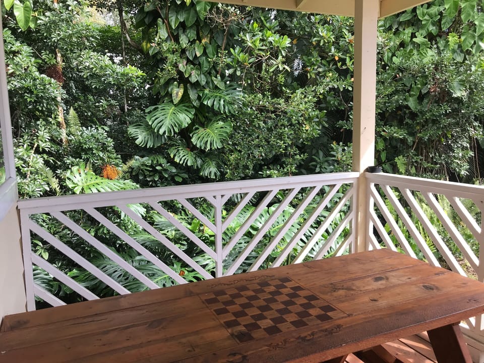 You can play chess on the picnic table. Surrounded by lush tropical flora 