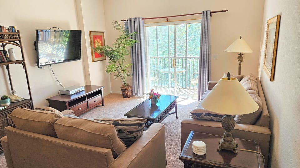 Living room w/ 50'flat screen TV, Queen sized sofa bed, screened balcony
