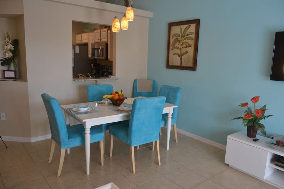 Dining area with a table than expands to seat 8
