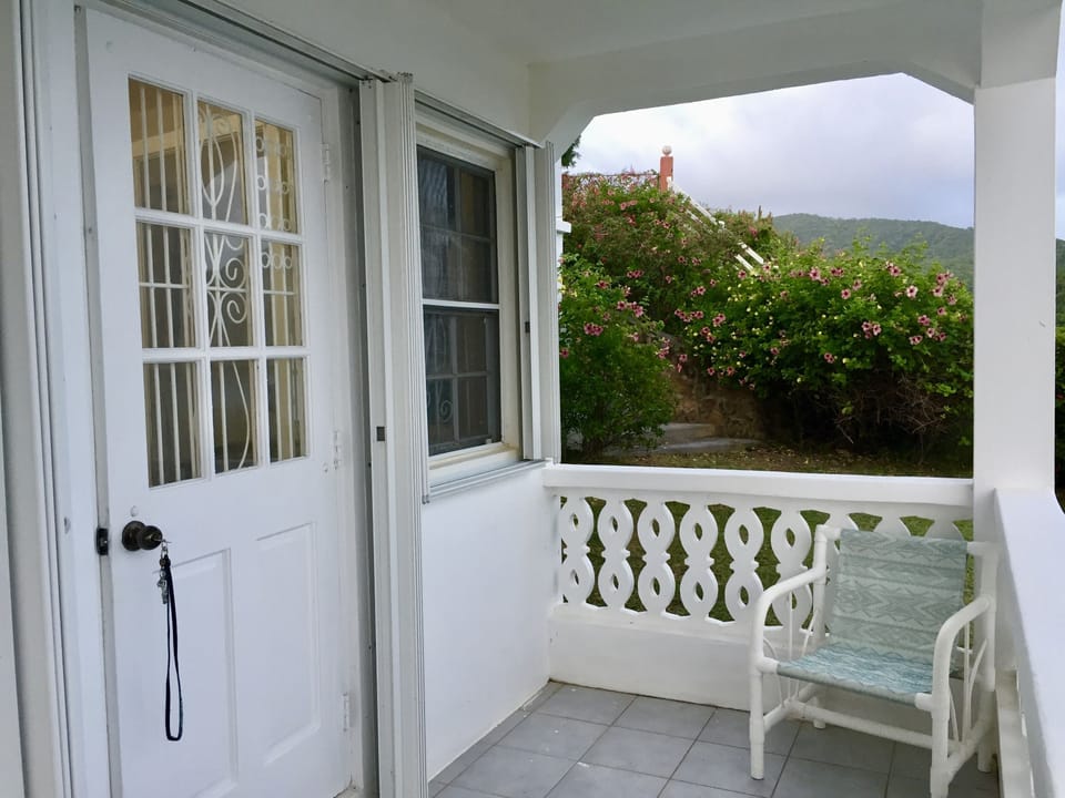 Private lower level entrance with weather shutters and security windows. Patio